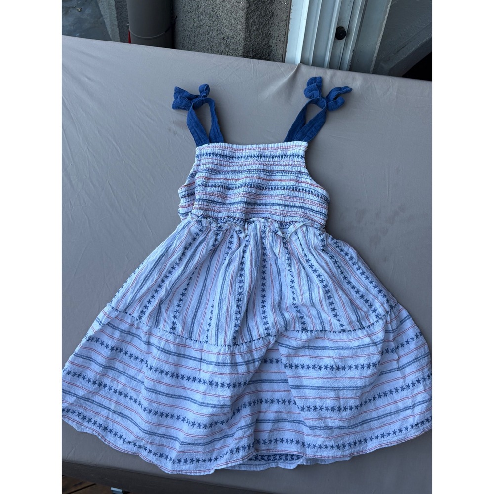 Girls Red White Blue Patriotic Star Stripe Smocked Tie Strap Tiered Sundress